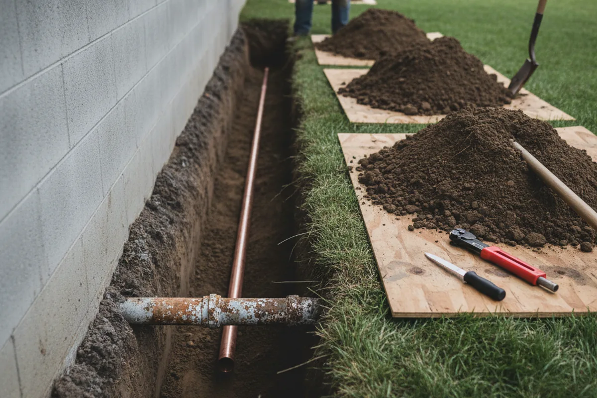 Excavated water line trench during Water Heater Repair in Parker